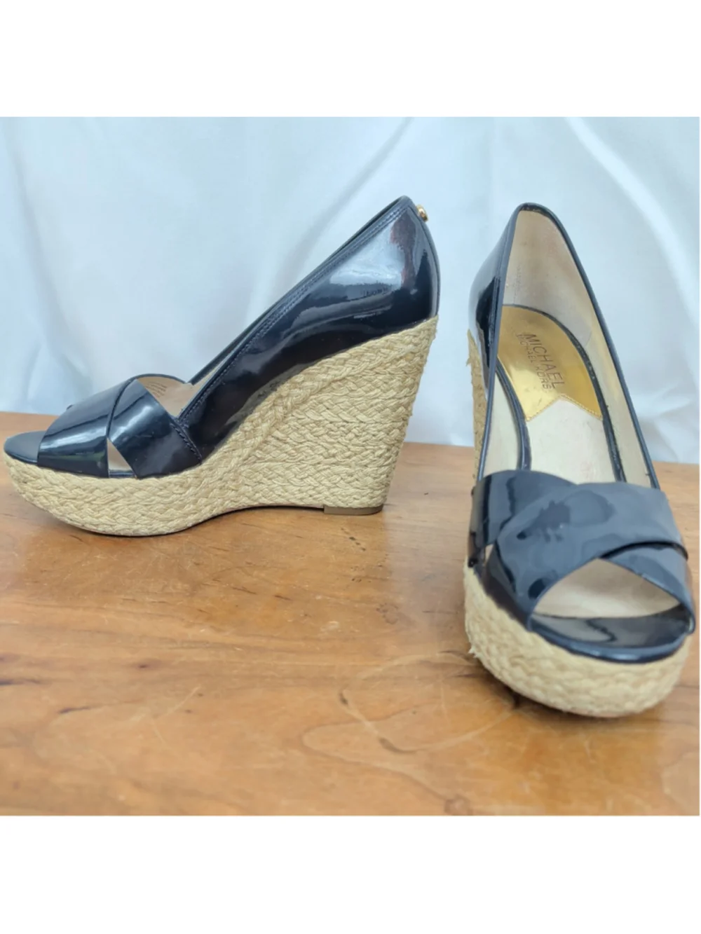 MICHAEL Michael Kors Black Patent Espadrille Wedge Sandals